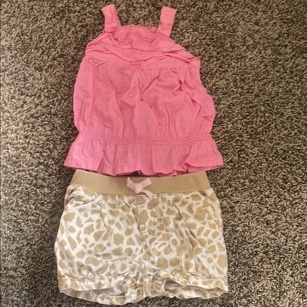 Cherokee Pink Ruffled Tank Top and Tan Cream Shorts Matching Set
